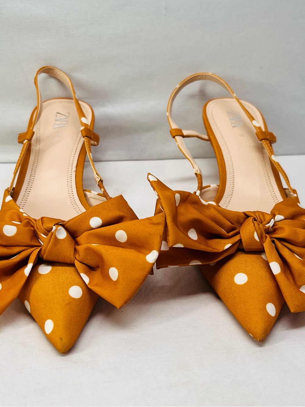 Zara Mustard Polka Dot Bow Slingback Heels